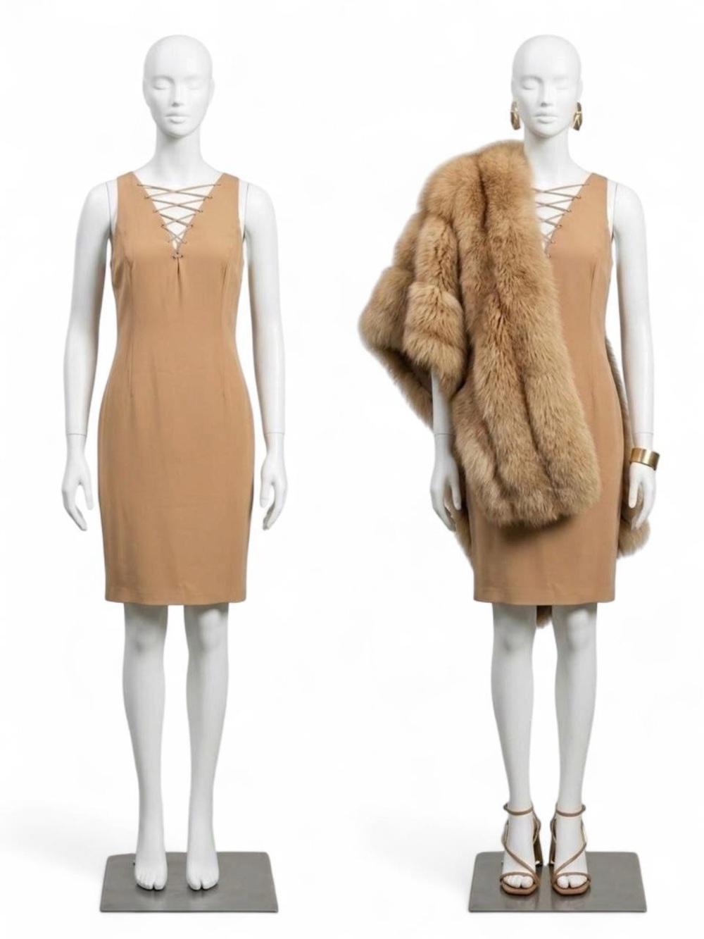 Versace $1290 Tan Lace Up Pencil Dress Size 10/M Old Money Cocktail Archive Prep